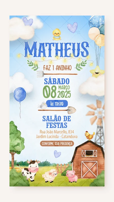 Convite Digital Aniversário Bichinhos da Fazendinha - Menino