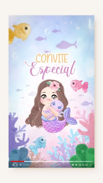 Convite Animado Aniversário Brincando de Sereia - Castanho