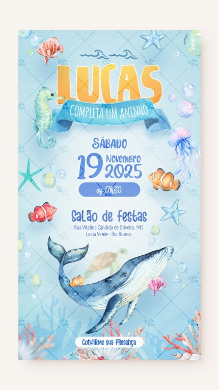 Convite Digital Aniversário Vida Marinha no Fundo do Mar