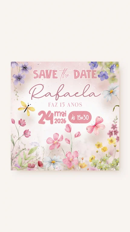 Save the Date Aniversário Meu Florescer 15 Anos