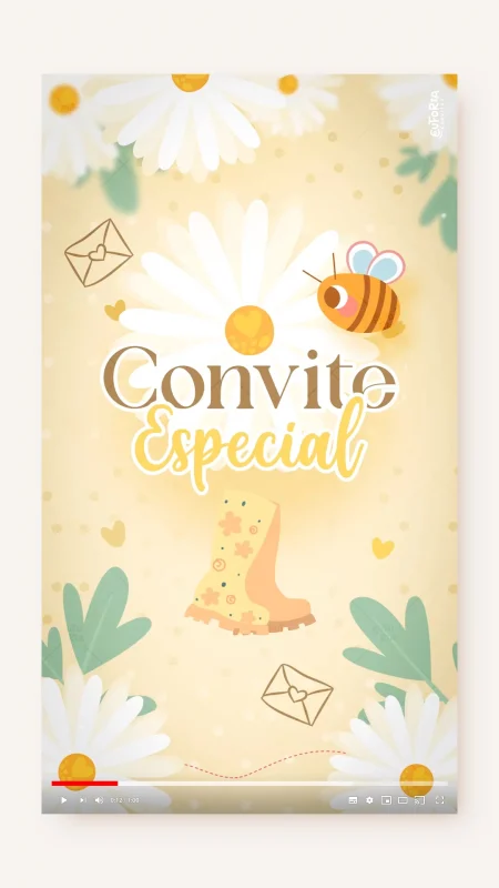 Convite Animado Aniversário Chuvinha das Margaridas - Bege