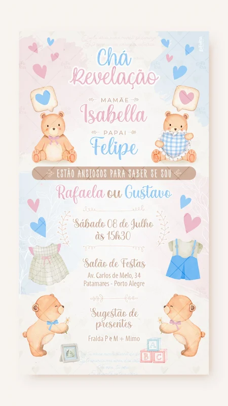 Convite Digital Chá Revelação Quartinho dos Ursos (Azul e Rosa)