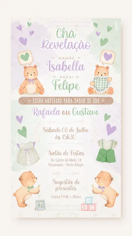 Convite Digital Chá Revelação Quartinho dos Ursos (Verde e Lilás)