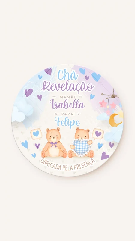 Tag Redonda Chá Revelação Quartinho dos Ursos (Azul e Lilás)