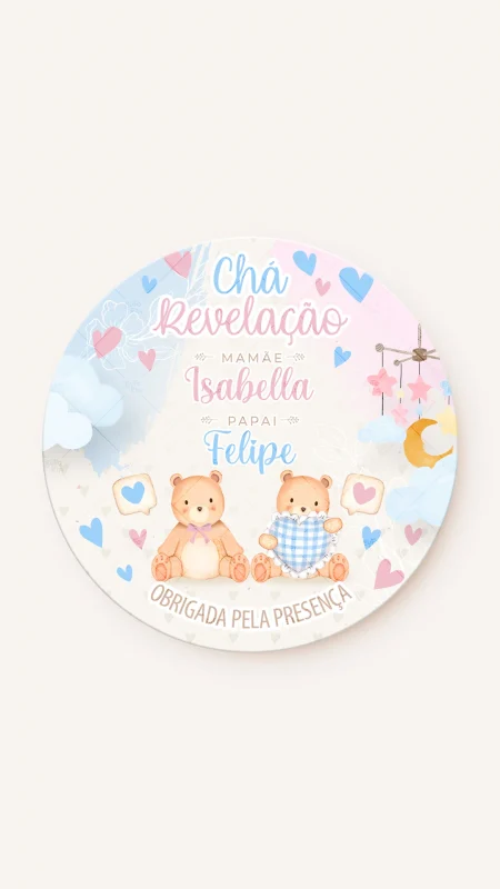 Tag Redonda Chá Revelação Quartinho dos Ursos (Azul e Rosa)