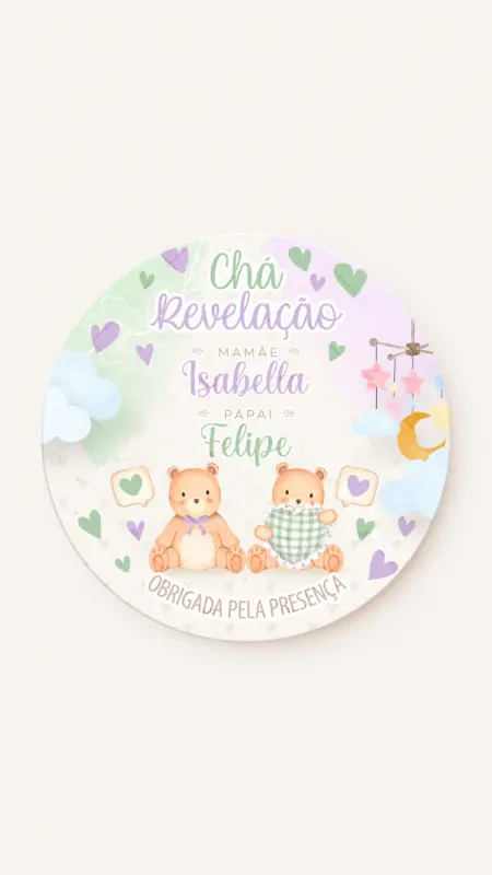Tag Redonda Chá Revelação Quartinho dos Ursos (Verde e Lilás)