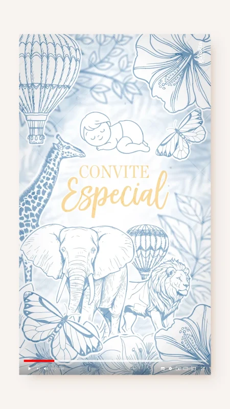Convite Animado Chá de Bebê Safari Toile de Jouy Azul