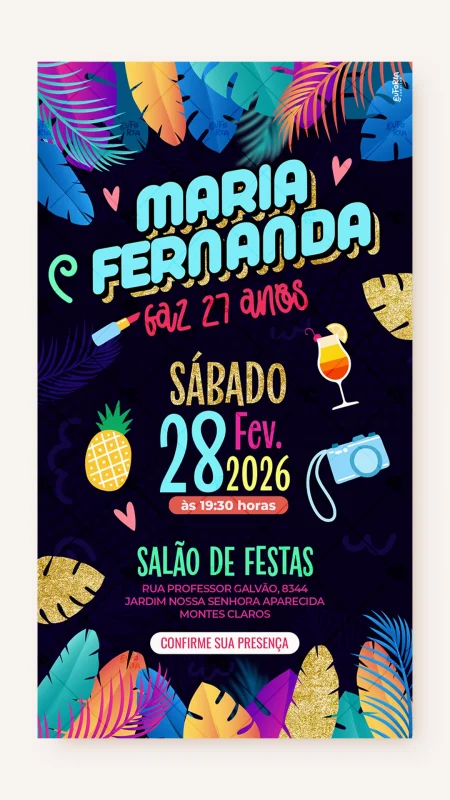 Convite Digital Aniversário Noite na Praia Neon Tropical