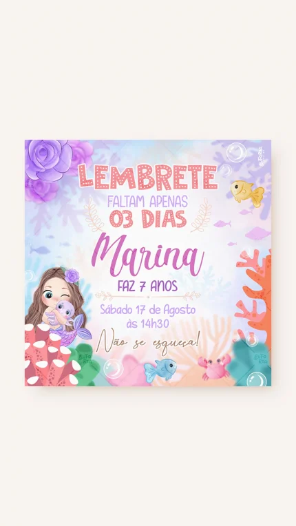 Lembrete Aniversário Brincando de Sereia - Castanho