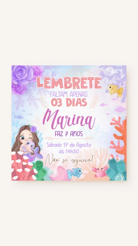 Lembrete Aniversário Brincando de Sereia - Castanho