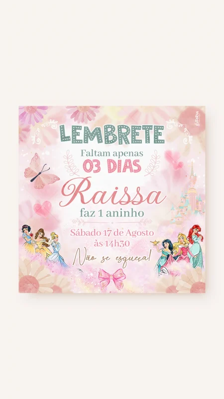 Lembrete Aniversário Era uma Vez das Princesas Disney