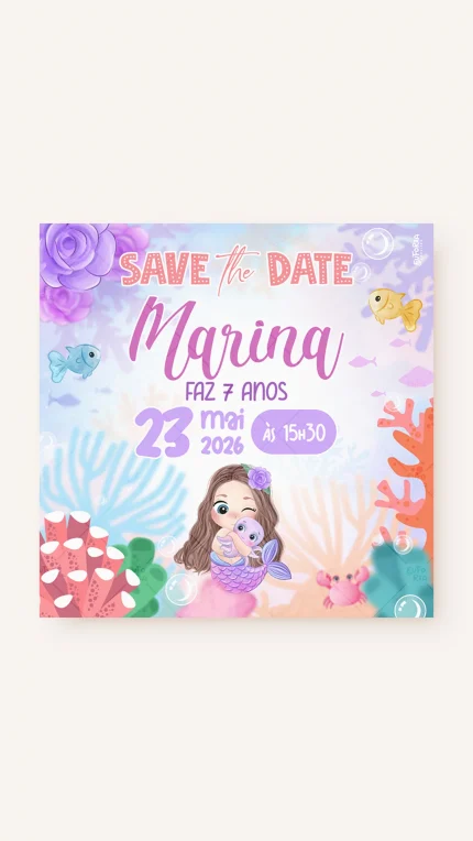 Save the Date Aniversário Brincando de Sereia – Castanho