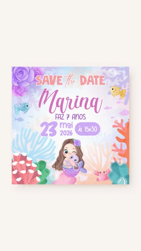 Save the Date Aniversário Brincando de Sereia – Castanho