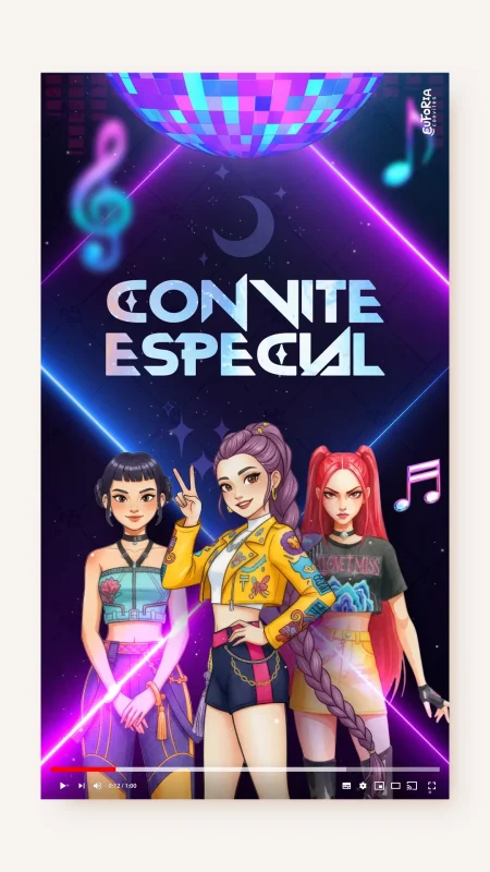 Convite Animado Aniversário Huntrix as Guerreiras do K-Pop