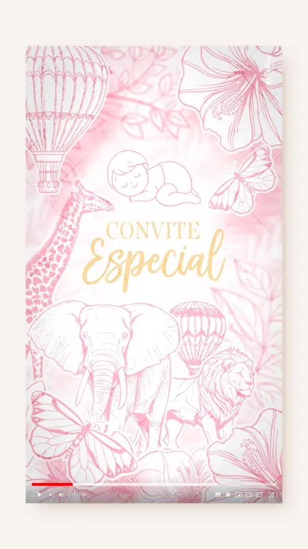 Convite Animado Chá de Bebê Safari Toile de Jouy Rosa