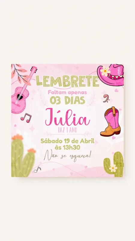 Lembrete Aniversário Patricinha Boiadeira
