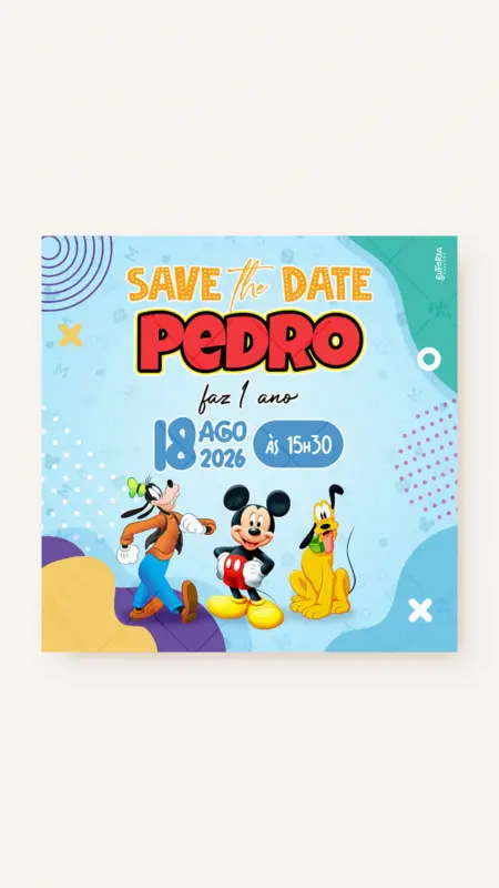 Save the Date Aniversário Mickey e sua Turma