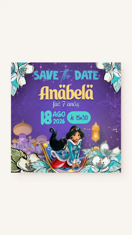 Save the Date Aniversário No Mundo Ideal de Jasmine