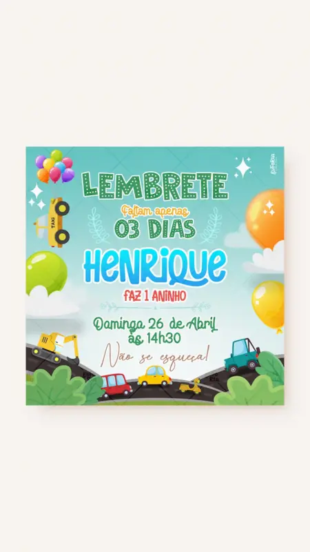 Lembrete Aniversário Passeio de Carrinho