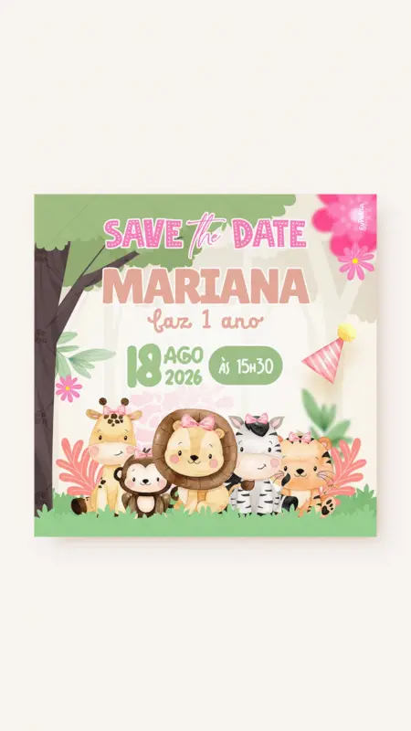 Save the Date Aniversário Passeio no Safari - Menina