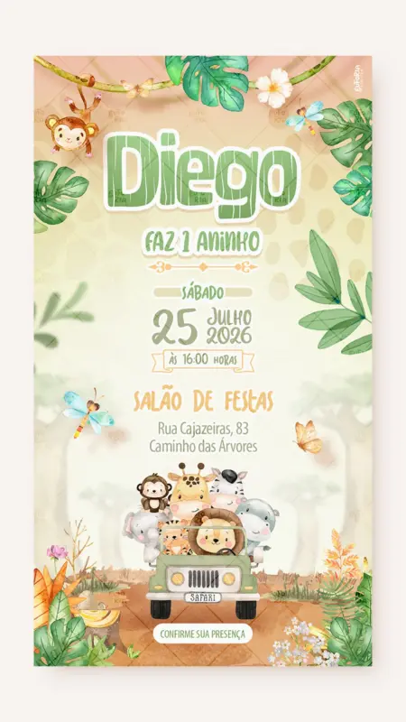 Convite Digital Aniversário Passeio no Safari - Menino