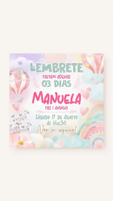 Lembrete Aniversário E o Tempo Voa Balões de Ar Quente - Menina