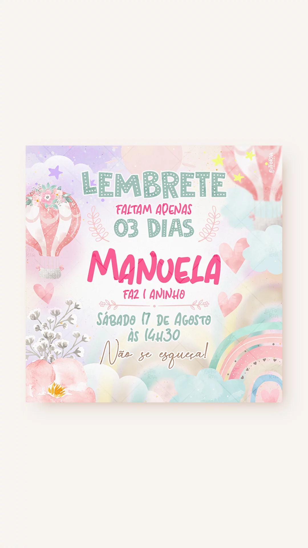 Lembrete Aniversário E o Tempo Voa Balões de Ar Quente - Menina Lembrete Aniversário E o Tempo Voa Balões de Ar Quente - Menina