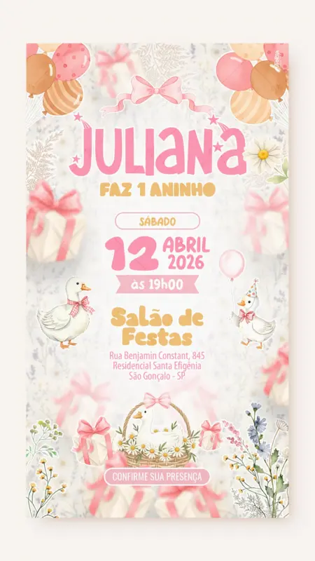Convite Digital Aniversário Ganso Festeiro - Rosa