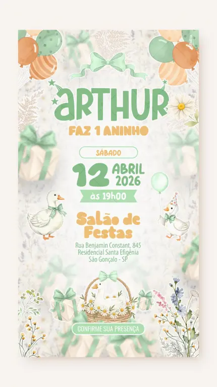 Convite Digital Aniversário Ganso Festeiro - Verde